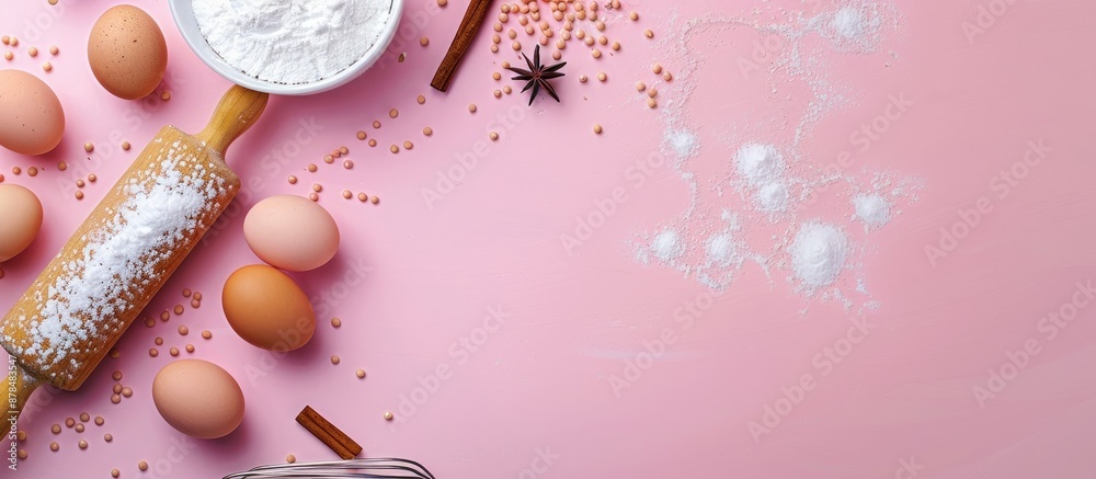 Aufkleber Baking ingredients like eggs and sugar placed with a rolling pin on a pink background create a sweet dessert theme in a banner with copy space image.