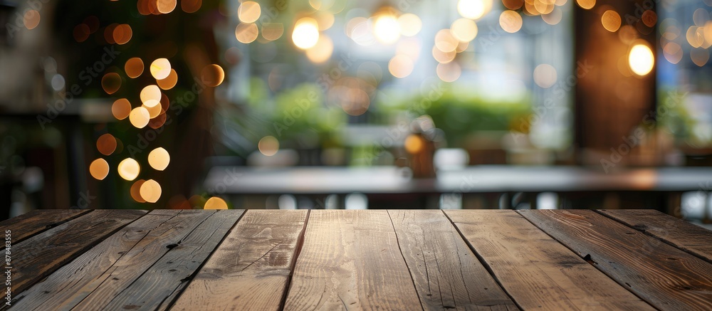 Fototapete Empty dark wooden table with an abstract blurred bokeh restaurant background ideal for displaying or arranging products with available copy space image.