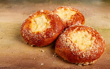 bun with cottage cheese, pastries, cheesecake, no people,