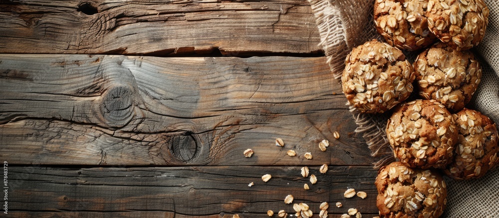Poster An arrangement of oat cookies placed on a rustic wooden table with open space for adding images. image with copy space