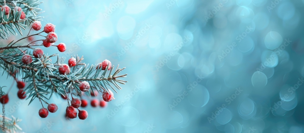Poster festive christmas tree branch against a serene blue backdrop with a copy space image.