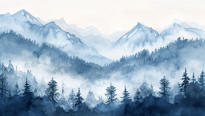 Misty Mountains with Pine Trees in Watercolor Illustration, Featuring a White Background and Blue Color Scheme. Blurred Effect to Convey Mystery in Nature, in the Style of a Romantic Artist.