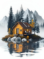 Fototapeta premium 3D Flat Icon of Tech Savvy Lakeside Work: Individual with Laptop, Cabin, and Travel Router Overlay Symbolizing Remote Work by Lake. Concept with Copy Space for Writing. Isolated on
