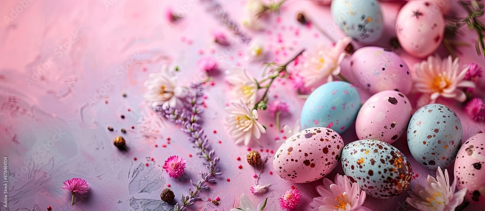 Poster celebrate easter with a festive background filled with colorful eggs, blooming flowers, and ample co