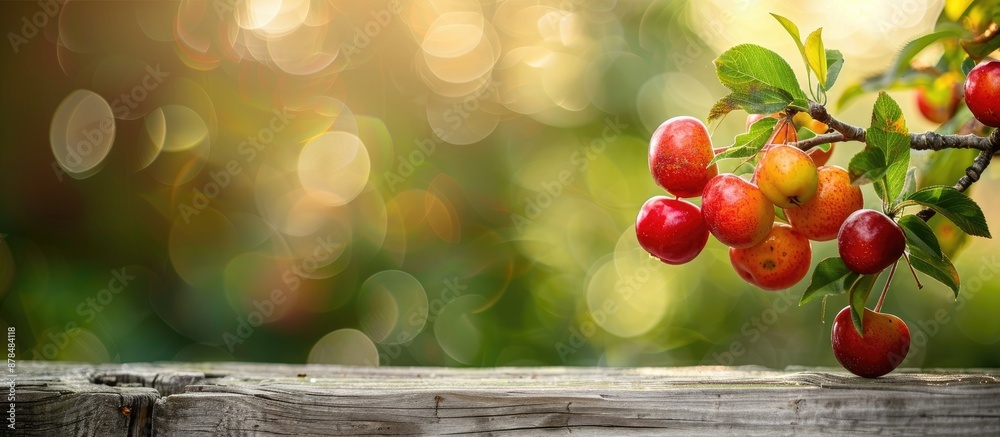 Poster cherry-plum tree branch with fruits against a rustic wooden fence with blurred background, ideal for