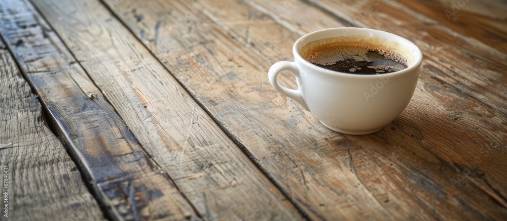 Poster coffee cup on a wooden table with ample copy space image.