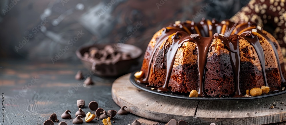 Poster delicious chocolate and peanut butter bundt cake with copy space image.