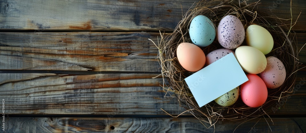 Aufkleber Easter eggs of various colors arranged in a nest with a personal message card on a wooden surface, creating a festive Easter ambiance, suitable for copy space image.