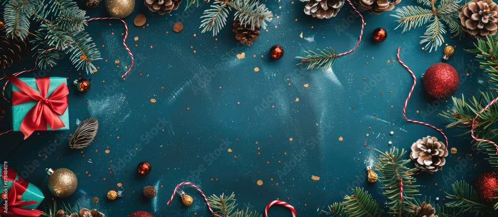 Poster festive christmas background with new year's decorations and toys in a top view flatlay composition,