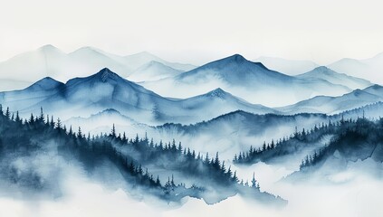 Misty Mountains with Pine Trees in Watercolor Illustration, Featuring a White Background and Blue Color Scheme. Blurred Effect to Convey Mystery in Nature, in the Style of a Romantic Artist.