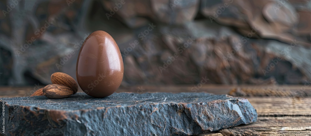 Aufkleber Chocolate Easter egg displayed on a dark rock with a wooden backdrop, creating an ideal setting for a copy space image.