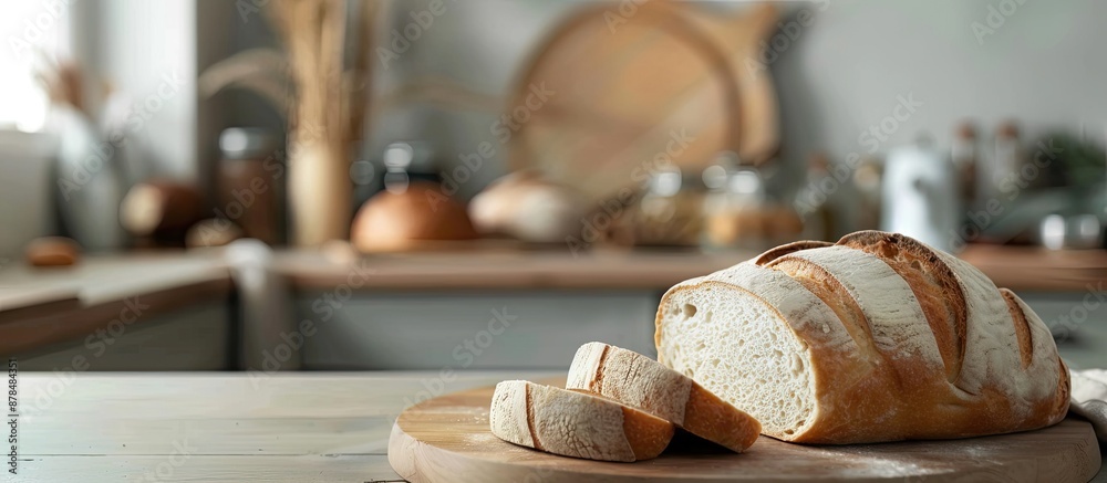 Poster Copy space image of table with freshly baked homemade bread and sliced bread, showcasing simple and traditional food from a side view.
