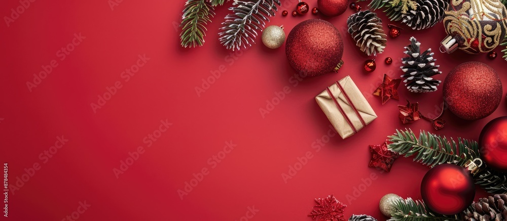 Poster Christmas decorations and notes arranged on a red background to create a festive scene with copy space image.