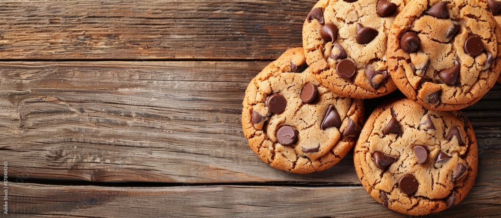 Aufkleber close-up of chocolate chip cookies on a wooden table with copy space image available.