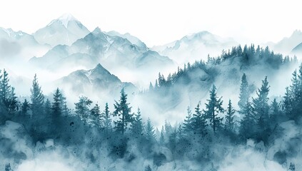 Misty Mountains with Pine Trees in Watercolor Illustration, Featuring a White Background and Blue Color Scheme. Blurred Effect to Convey Mystery in Nature, in the Style of a Romantic Artist.