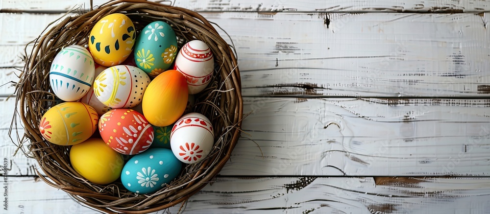 Poster easter eggs arranged in a basket on white wooden backdrop with copy space image available.