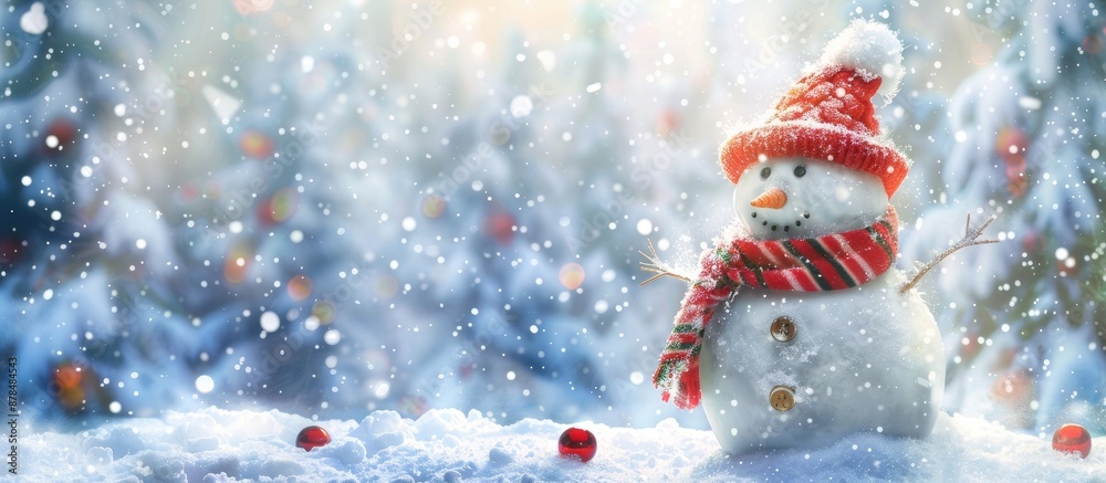 Poster festive greeting card with a cheerful snowman wearing a fun hat and scarf on a snowy backdrop. ample