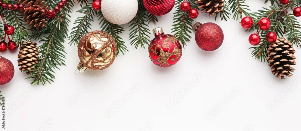 Poster Festive Christmas decorations on a blank white background with ample copy space image for text or design elements.