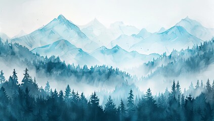 Misty Mountains with Pine Trees in Watercolor Illustration, Featuring a White Background and Blue Color Scheme. Blurred Effect to Convey Mystery in Nature, in the Style of a Romantic Artist.