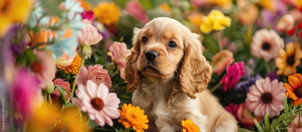 Poster an adorable english cocker spaniel puppy is seated charmingly amidst vibrant flowers in the image wi
