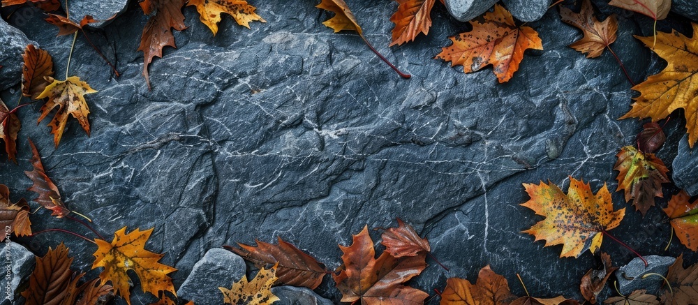 Poster autumn foliage atop a stone surface with copy space image.