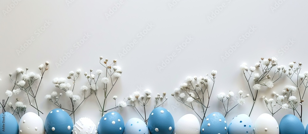 Poster Blue and white Easter eggs displayed on a white background with copy space image.