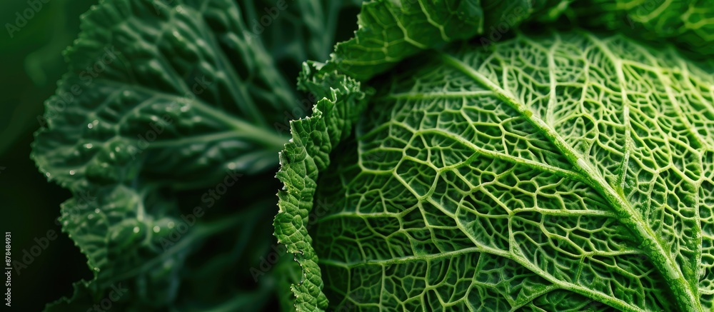 Poster close-up shot of a crinkled green savoy cabbage leaf, ideal as a food background with selected focus