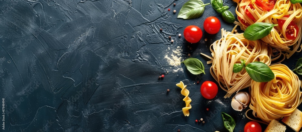 Aufkleber cooking concept with a variety of pasta displayed in a top-view copy space image.