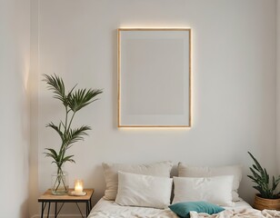 room, Empty photo frame, display, art, mock up 3D home interior design with minimalistic layout. Clean and crisp linen cotton pillows and plants with warm lighting. 