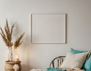 nook, Empty photo frame, display, art, mock up 3D home interior design with minimalistic layout. Clean and crisp linen cotton pillows and plants with warm lighting. 