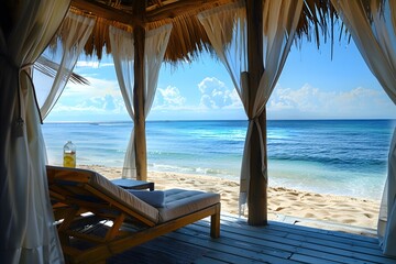 A relaxing beachside cabana with comfortable loungers, flowing curtains, and a refreshing drink on a small table, set against the backdrop of the ocean