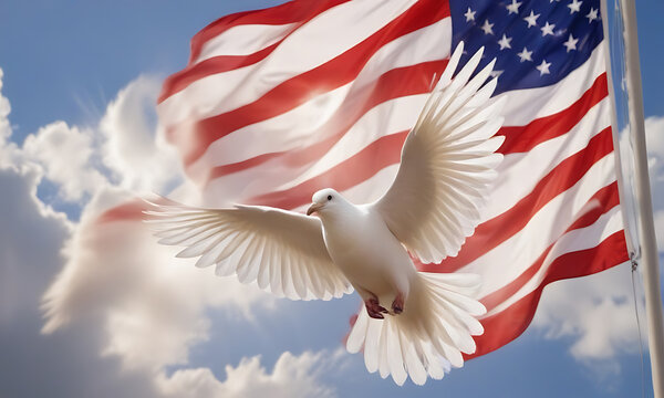 white dove soaring gracefully in front of an American flag