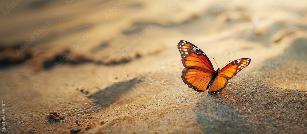 Poster butterfly flying gracefully over sandy texture, creating a serene natural background ideal for a vac