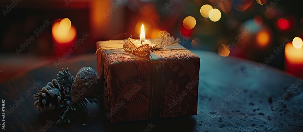 Poster candlelit close-up of a gift box with copy space image.