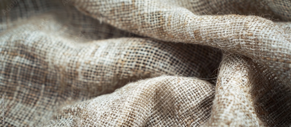 Poster Close-up of woven cotton fabric with beige and brown flecks, against a textured burlap background, allowing space for text in the image. image with copy space