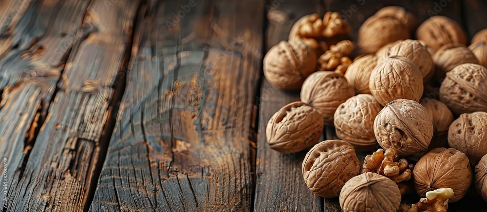 Poster Close-up view of a pile of walnuts on a wooden surface with ample copy space image.