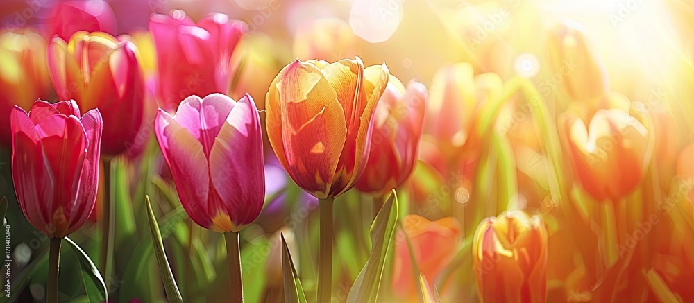 Poster colorful background with a clear area for text, featuring stunning tulips. image with copy space