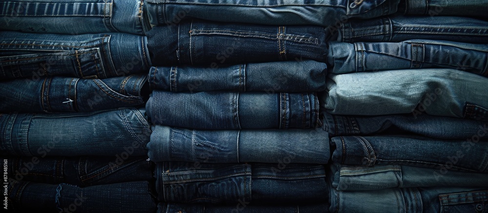 Poster Denim jeans stacked neatly in a display with copy space image.