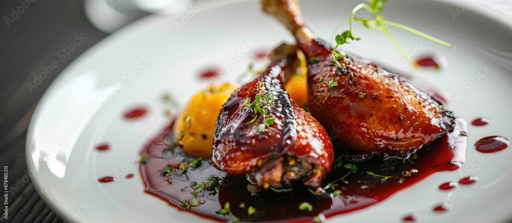 Poster Close-up view with selective focus of duck confit in dark cherry glaze accompanied by a quince puree infused with herbs, against a plain background for a copy space image.