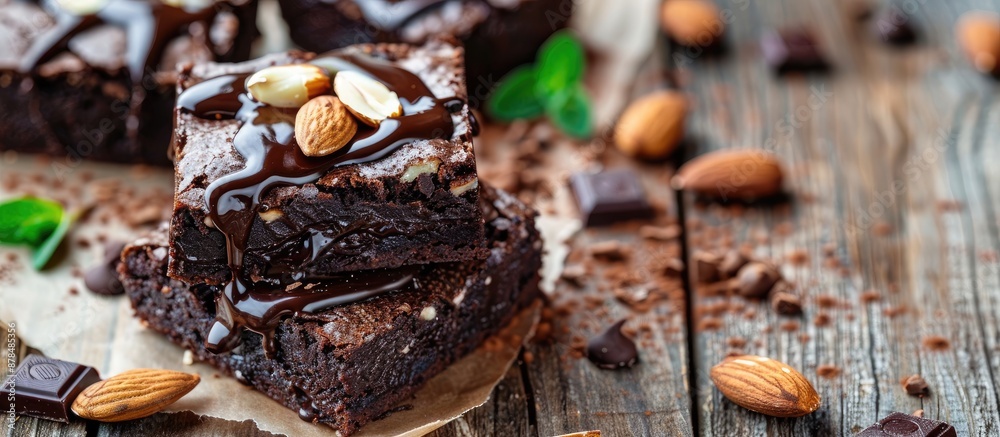 Poster close-up image featuring homemade dark chocolate brownies adorned with almond slices and chocolate s