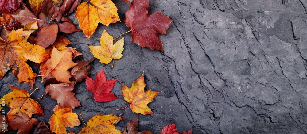 Poster autumn foliage atop a stone surface with copy space image.