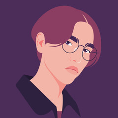 The face of a young arrogant Asian man with eyeglasses on a dark background. Vector flat Illustration