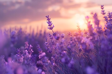 A serene sunrise over a field of lavender, with the soft morning light illuminating the purple blooms and the fresh scent filling the air