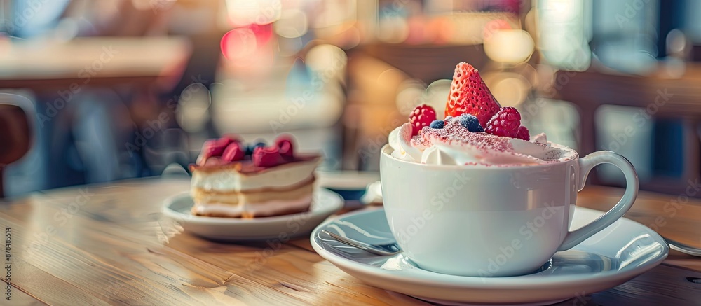 Poster Enjoying coffee with dessert on a table with a vibrant copy space image.