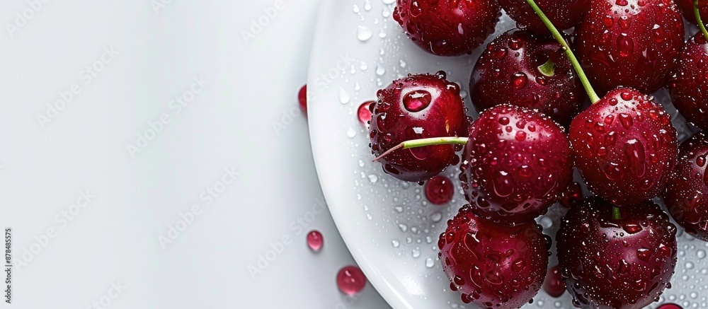 Poster close-up of succulent cherries with water droplets on a plate against a white backdrop, with selecti