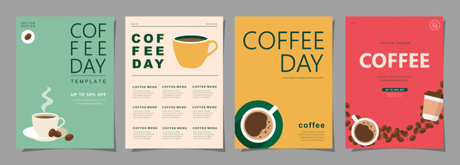 Set of minimal background templates with coffee beans and coffee mug for invitations, cards, banner, brochure, poster, cover, cafe menu or another design. Vector illustration.