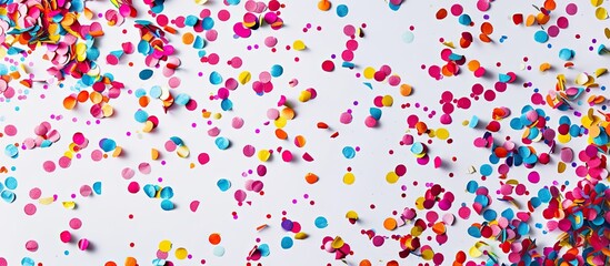 Confetti in various colors falling against a white backdrop symbolizes a festive atmosphere for a copy space image.