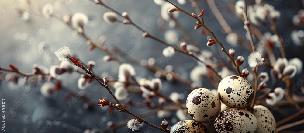 Aufkleber Close-up Easter background featuring quail eggs and willow branches in a composition with copy space image.