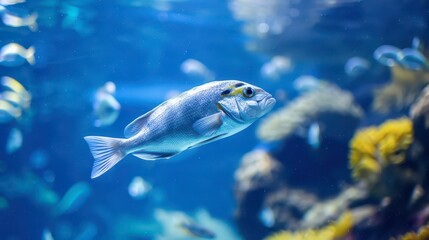Naklejka premium A Single Fish Swimming Through a Blue Aquarium Tank