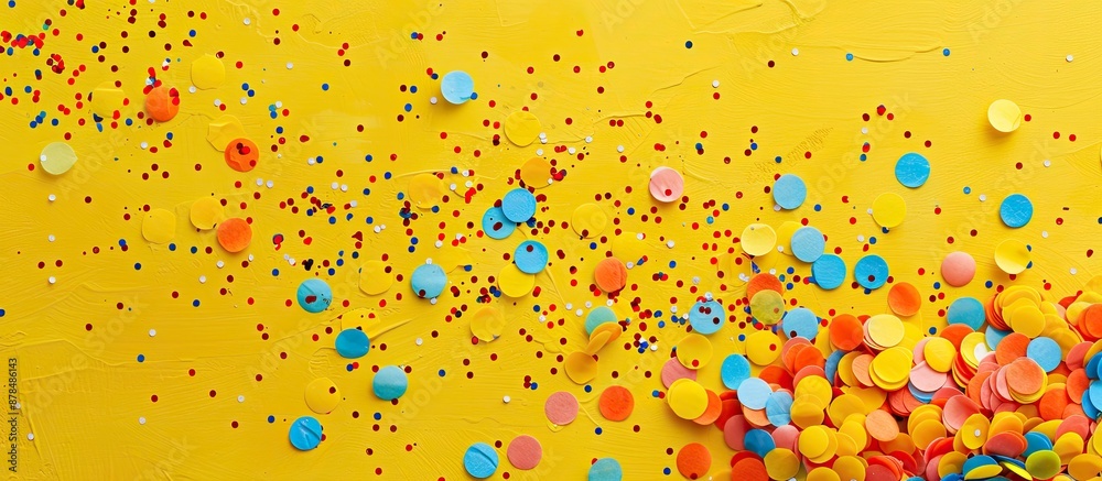 Poster colorful confetti on a yellow surface creates a festive flat lay scene with copy space image.